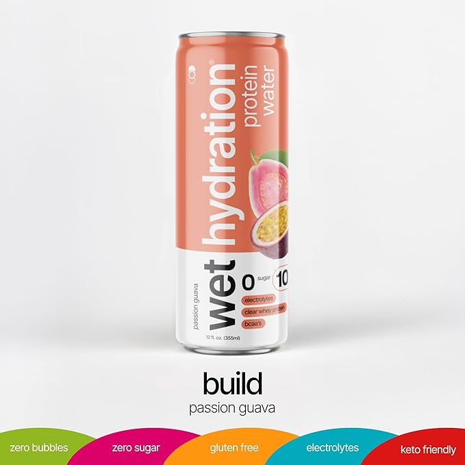 Wet Hydration | Functional Wellness Water, Non-Carbonated - Passion Guava (12 fl. oz. / 355ml Cans, Pack of 12) - Zero Calorie Hydration Drink with Electrolytes, Clear Whey Protein, BCAAs, Protein Water, No Sugar, No Artificial Ingredients - Bloomnest