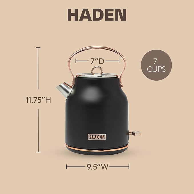 Haden Heritage 1.7 Liter Stainless Steel Electric Kettle, Hot Water Tea Kettle with 360-Degree Base and Auto Shutoff, Black & Copper - Bloomnest