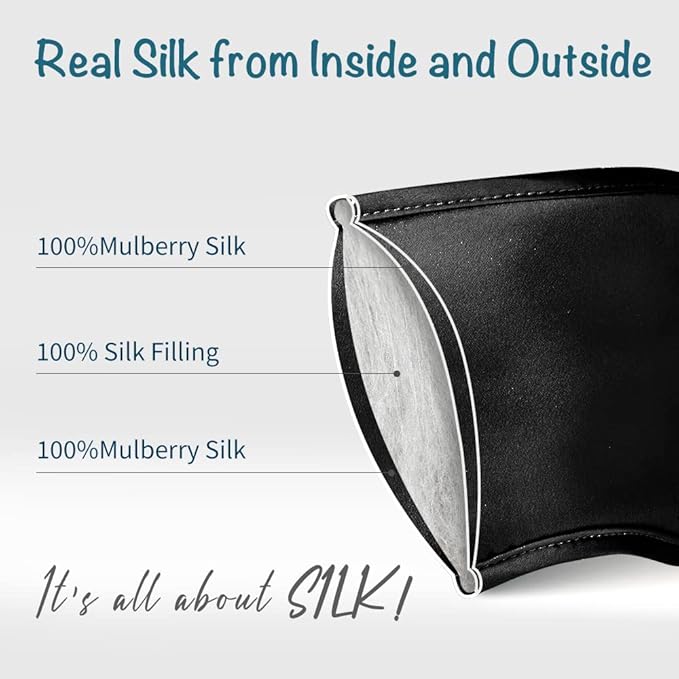 LULUSILK Mulberry Silk Sleep Eye Mask Blindfold with Elastic Strap Headband, Soft Eye Cover Eyeshade for Night Sleeping, Travel, Nap(Black), Pack of 1 - Bloomnest