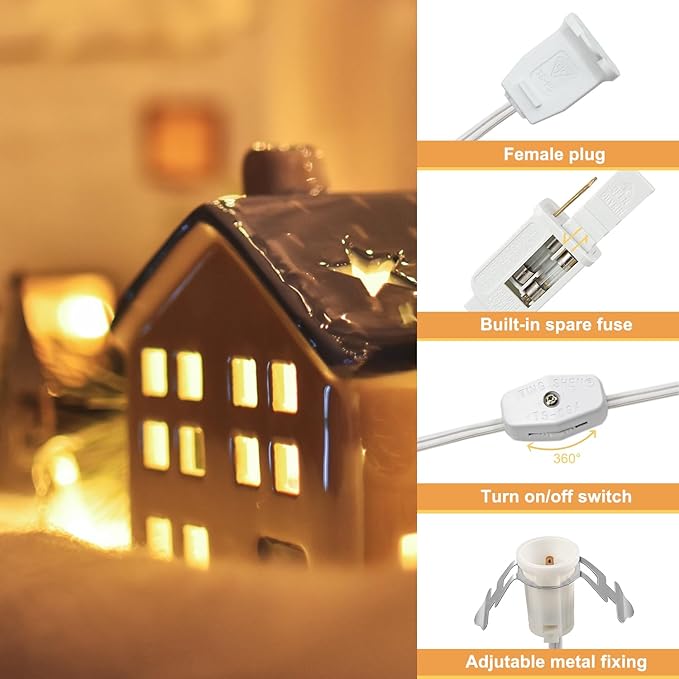 4 Pack Accessory Cord with LED Night Light Bulbs - White Cord with On/Off Switch Plugs - C7 led Bulb Warm White with Spare Fuse, for Holiday Decoration and Craft Village House Decoration - Bloomnest