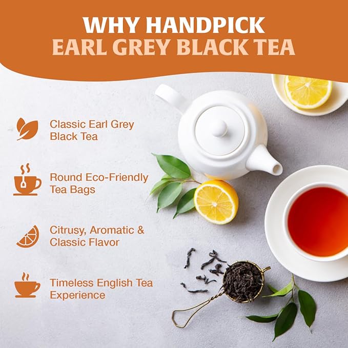 HANDPICK, Earl Grey Black Tea Bags (100 Count) Bergamot Oil | Caffeinated, Earl Grey Tea Bags | Flavoured With Citrus and Bergamot Brew Hot/Iced Tea with or without milk - Bloomnest