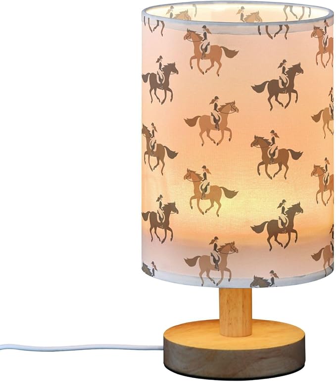 Table Lamp Cowgirl on Horse Pattern Nightstand Lamp with Wood Base Fabric Lamp Shade Bedside Desk Lamp for Living Room Bedroom Kids Room Office - Bloomnest