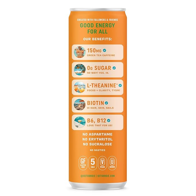 GORGIE Sugar Free Natural Energy Drinks, Jaclyn Hill Orange Twist (12 Pack) Healthy Sparkling Energy Drinks Natural Coffee Replacement with Green Tea Caffeine and Biotin, Vegan, Low Calorie - Bloomnest