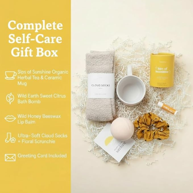 Unboxme Sunshine Care Package for Women, Spa Gift Basket with Tea, Mug, Bath Bomb, Candle, Cozy Socks, Thinking of You, Get Well, Birthday - Bloomnest