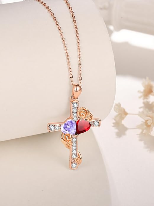 Rose Gold Dual Birthstones Cross Necklace for Women Rose Flower Jewelry Anniversary Christmas Mother's Valentine's Day Birthday Gift for Wife Girlfriend Mom - Bloomnest