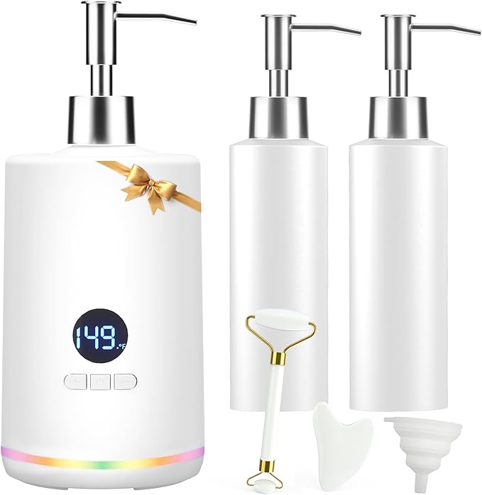 Oil Warmer for Massage, Yofuly Heated Body Lotion Dispenser Device with Gua Sha Roller Set, Electric Massage Oil Gel Bottles Heater with Ambient Lighting, White - Bloomnest