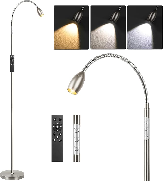 Reading Floor Lamp, 72" Tall LED Lamp with Flexible Gooseneck, Dimmable Zoomable Spotlight, Adjustable Color Beam Standing Lamp, Touch & Remote Control, Task Craft Bedroom Living Room (Brushed Nickel) - Bloomnest