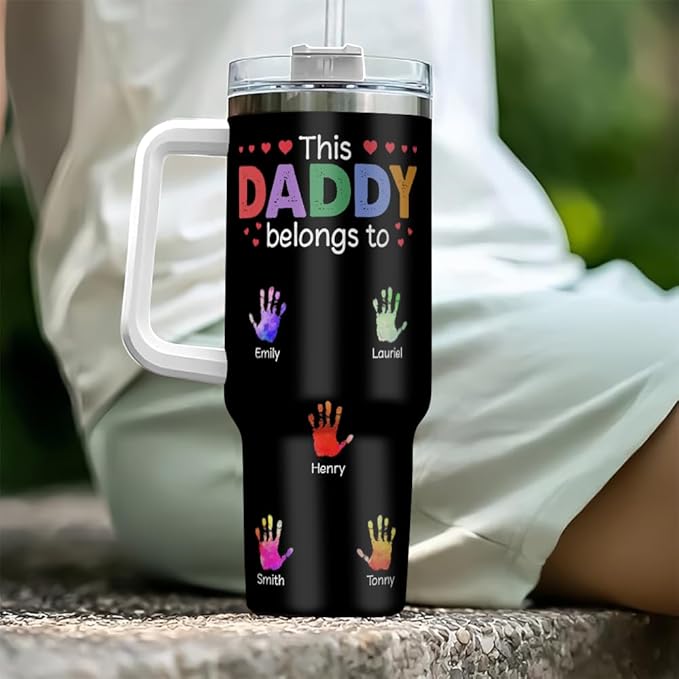 Personalized Dad Tumbler with Handle and Straw, Custom Handprint Design with Kids’ Names, Cute Father’s Day Gift from Children for Daddy or Papa - Bloomnest