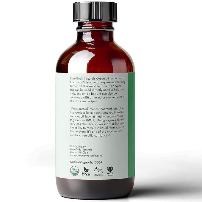 Pure Body Naturals Organic Fractionated Coconut Oil for Skin and Hair, 4 fl oz - Liquid Carrier Oil for Diluting Essential Oils, Hair Growth & Skin Moisturizer - Bloomnest
