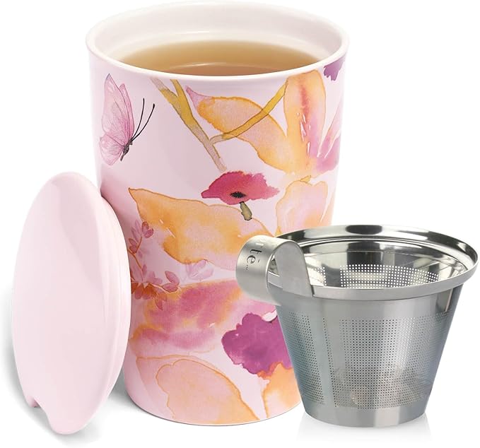 Tea Forte Double-Walled Ceramic Kati Cup, Removable Stainless Steel Infuser Basket and Lid, Steeps 12 oz Loose Leaf Tea, Dishwasher & Microwave Safe, Mariposa - Bloomnest