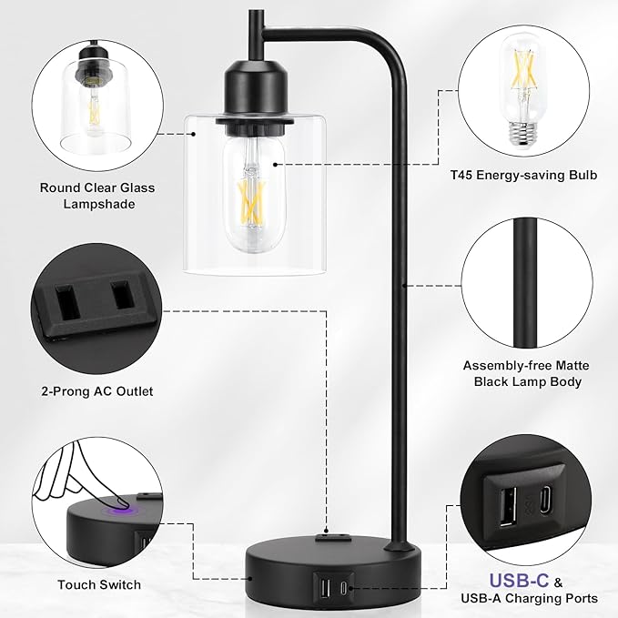Industrial Touch Table Lamps for Bedrooms Set of 2 - 3-Way Dimmable Nightstand Lamps with USB C+A Ports and Outlet, Black Bedside Lamps with Glass Shade for Living Room, Desk Lamps for Home Office - Bloomnest