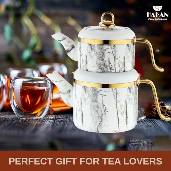 Hakan Melody Turkish Tea Pot Set | 3.5 L Tea Kettles for Stovetop with Stainless Steel Handless and Glass Lid | Aluminum Body Tea Maker | Double Stovetop Kettles with Granite Cover, White 3.6 qt - Bloomnest