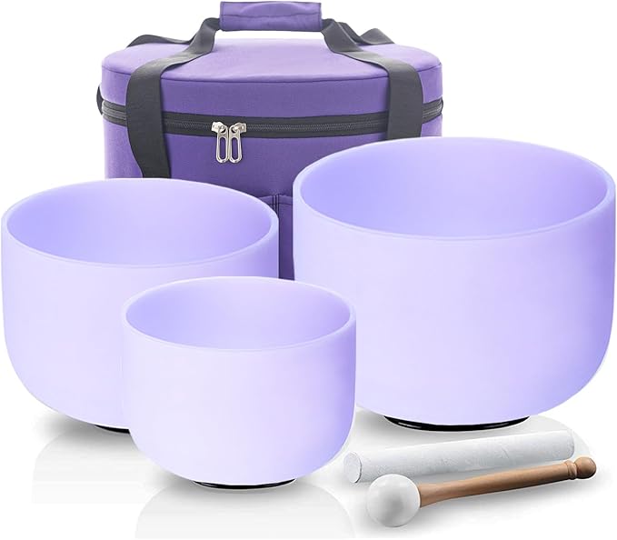 Hye-eun Purple Crystal Singing Bowls Set of 3, 432hz 8"B 10"F 12"C Frosted Quartz Chakra Sound Bowl with Beige Carrying Case for Sound Healing Yoga Meditation - Bloomnest