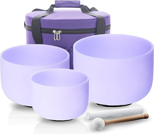 Hye-eun Purple Crystal Singing Bowls Set of 3, 432hz 8"B 10"F 12"C Frosted Quartz Chakra Sound Bowl with Beige Carrying Case for Sound Healing Yoga Meditation - Bloomnest
