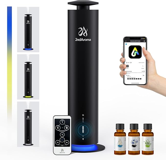 Waterless Scent Diffuser Starter Kit, Diffusers for Home Office Hotel 1000 Sq Ft Coverage, Cordless Essential Oil Diffuser Large Room with 3 Mood Lights, 3 Scent Oils, App Control, Black - Bloomnest