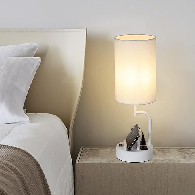 Dreamholder Table Lamp with 3 USB Charging Ports, Modern Desk Lamp with AC Outlet and Phone Stands, Perfect Bedside Lamp for Bedroom, Living Room, Office (Pack of 2), White - Bloomnest