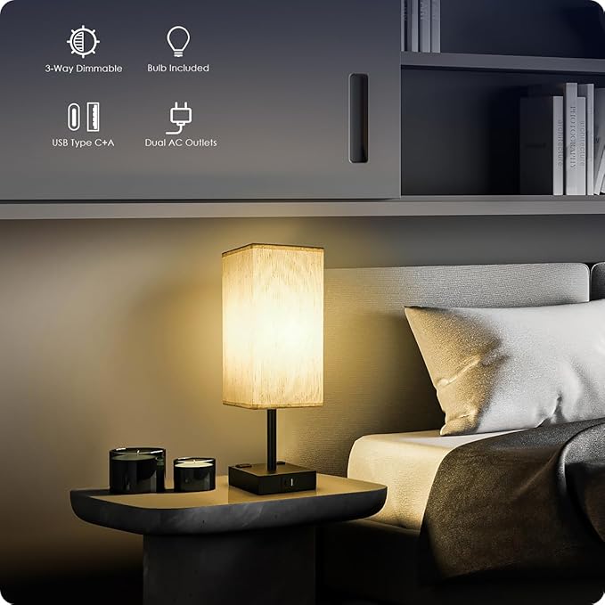 Bedside Table Lamp for Bedroom - Touch Small Lamp with USB C+A Charging Ports & AC Outlets, 3 Way Dimmable Nightstand Light for Living Room (LED Bulb Included, Flaxen) - Bloomnest
