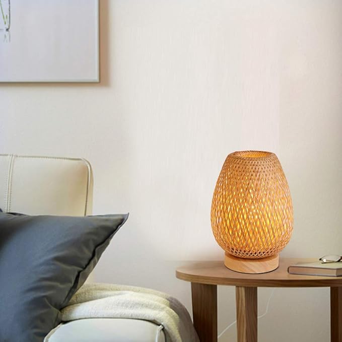 Bamboo Weaving Table Lamp with Handmade Natural Wooden Base, Eye-Caring Bedroom Bedside Night Light, Retro Desk Lamp Reading Light Home Decor, Unique Handicraft House Warmging Gift - Bloomnest