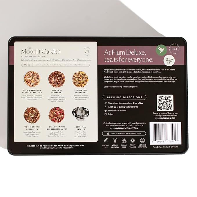 Moonlit Garden Collection Assorted Herbal Tea Gift Set - Hand-Crafted Loose Leaf Teas, Presentation Gift Box with Loose Leaf Steeper Included, Sleepytime Tea - 5 Unique and Flavorful Teas, 75+ Cups - Bloomnest