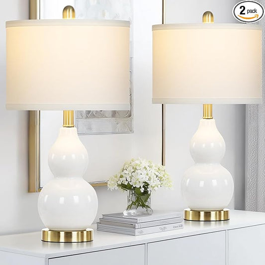 22" Modern Double Gourd Ceramic Table Lamps Set of 2, White Bedside Lamps for Living Room, Contemporary Nightstand Desk Lamps for Bedroom End Table Home Office Decor(2 LED Bulbs Included) - Bloomnest