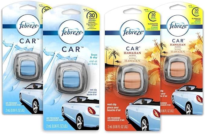 Febreze Car Air Fresheners, 2 Linen & Sky and 2 Hawaiian Aloha Scents, Odor Eliminator for Strong Odors (4 Count) - Bloomnest