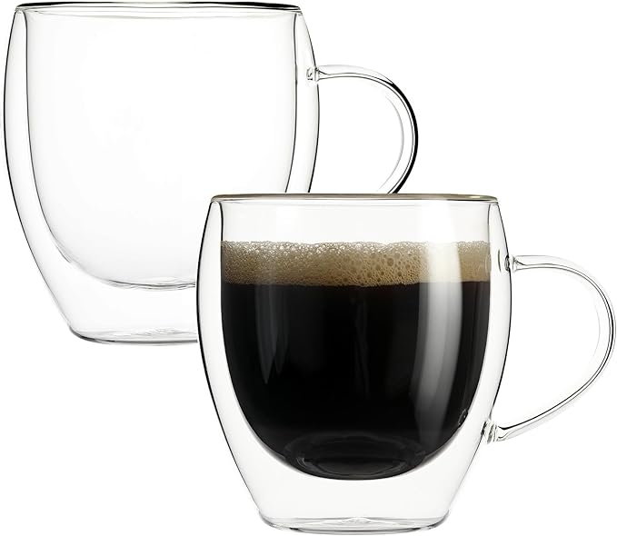 Aurzen 2 Pack Double Walled Glass Coffee Mugs with Handles 8.5oz, Large Insulated Layer Coffee Cups, Clear Borosilicate Mugs, Perfect for Cappuccino, Tea, Microwave Safe (8.5oz-2Pack) - Bloomnest