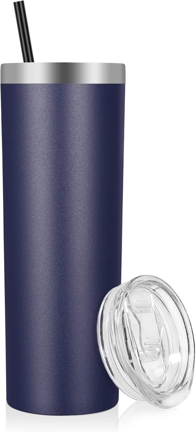 VEGOND Stainless Steel Skinny Tumbler, 20 oz Vacuum Insulated Tumbler with Lid and Straw, Double Wall Coffee Cup, Travel Mug for Cold Hot Drinks, Navy Blue 1 Pack - Bloomnest