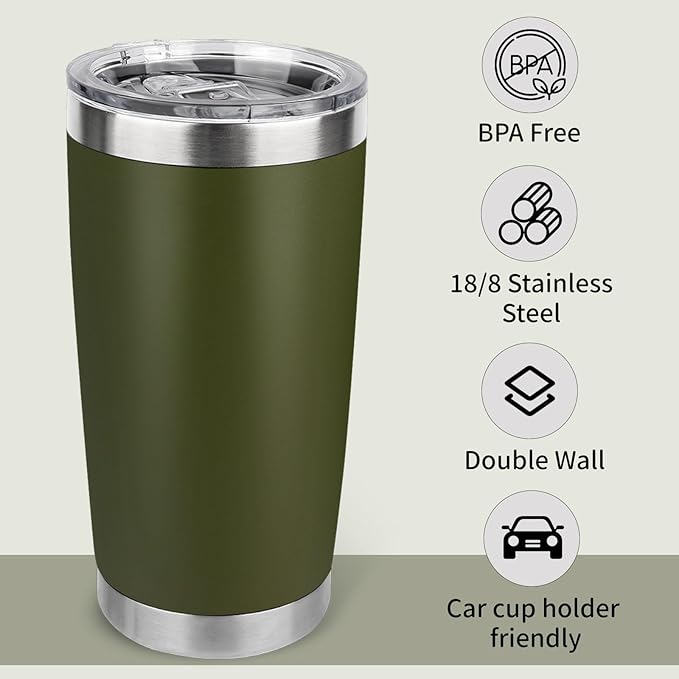 20oz Stainless Steel Tumbler Bulk with Lid, Travel Mug - Double Wall Vacuum Powder Coated Cup - Army Green, 6 Pack - Bloomnest