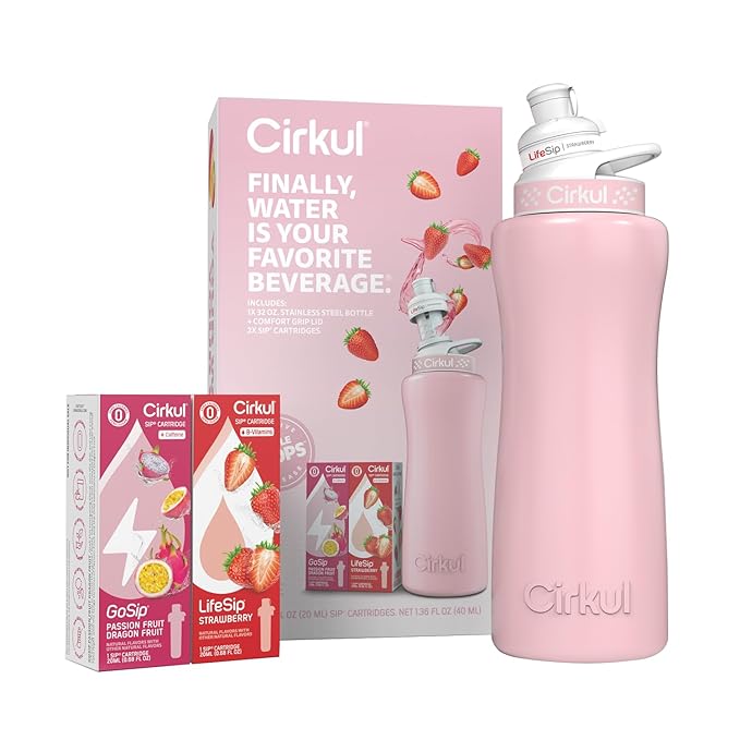 Cirkul 32oz. Blush Pink Stainless Steel Water Bottle Starter Kit with Pink Lid and 2 Flavor Cartridges (1 LifeSip Strawberry, 1 GoSip Passion Fruit Dragon Fruit) No Sugar, Zero Calorie Drink Mix Cirkul