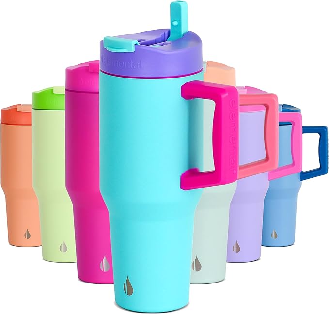 Elemental 32 oz 100% Leak Proof Tumbler with Handle & Straw - Stainless Steel Double Wall Insulated Tumbler for Hot and Cold Beverages - Travel Coffee Mug with Sip & Straw Lid - Blue Tie Dye - Bloomnest