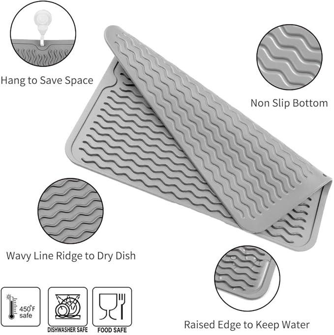 Silicone Dish Drying Mat for Multiple Usage,Easy clean,Eco-friendly,Heat-resistant Silicone Mat for Kitchen Counter or Sink,Refrigerator or drawer liner Grey L 16 inches x 12 inches - Bloomnest