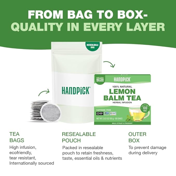 HANDPICK Lemon Balm Tea Bags – 100 Count | 100% Pure & Naturally Dried | Caffeine-Free Herbal Tea with Citrus Flavor & Aroma | Premium Lemon Balm Leaf for Calming and Digestion Support - Bloomnest