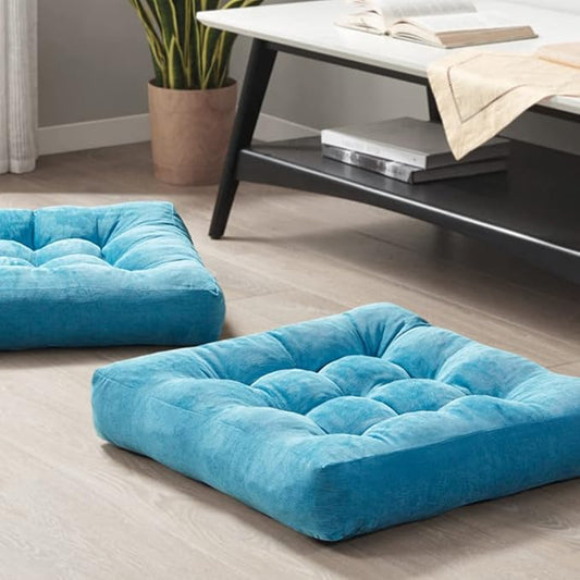Meditation Floor Pillow Set of 2, Square Large Pillows Seating for Adults, Tufted Corduroy Cushion for Living Room Tatami, Turquoise, 22x22 Inch - Bloomnest