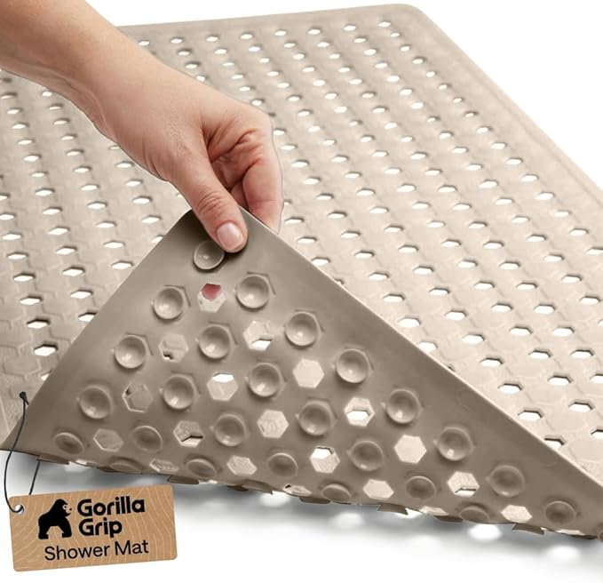GORILLA GRIP Patented Bath Tub Shower Mat, Machine Washable Bathtub Floor Liner Mats, Suction Cups and Drain Holes to Keep Tubs Clean, Soft on Feet, Bathroom Essentials, 35x16 Inch, Beige - Bloomnest