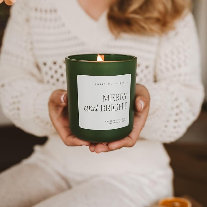 Sweet Water Decor Merry and Bright Christmas Candle - Fir, Nutmeg, Clove, Bayberry Winter Holiday Scented Soy Candles for Home - 15oz Green Jar, 70+ Hour Burn Time, Made in The USA - Bloomnest