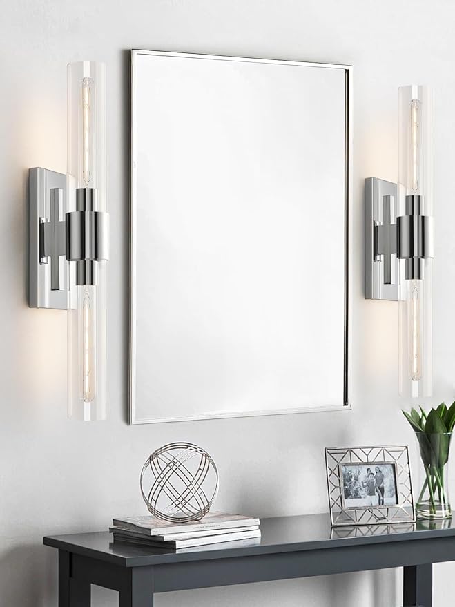 Chrome Tube Wall Sconces with Clear Glass, 24'' Modern Bathroom Vanity Light Fixtures for Bathroom Living Room Bedroom Hallway Fireplace Staircase(Bulb Included). - Bloomnest