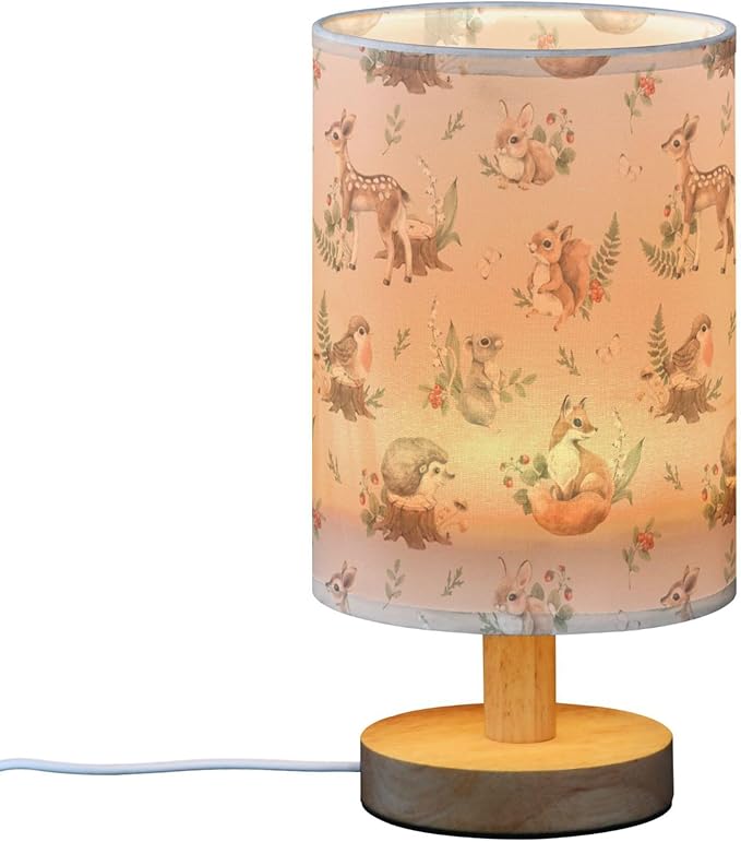 Table Lamp Watercolor Squirrel Mouse Fawn Fox Hare Hedgehog Forest Animal Nightstand Lamp with Wood Base Fabric Lamp Shade Bedside Desk Lamp for Living Room Bedroom Kids Room Office - Bloomnest