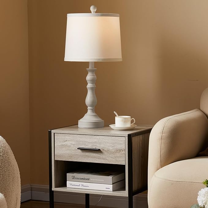 23'' Farmhouse Table Lamps for Living Room Set of 2 with USB C+A Ports, Retro Bedside Lamp for Bedroom, Office, Dining Room, Knob Switch, 3 Color Temperatures, Bulb Included, Beige - Bloomnest