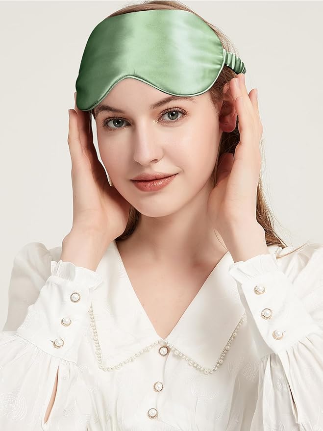 100% Mulberry Silk Eye Mask for Sleeping with Silk Wrapped Adjustable Strap,Sage Green - Bloomnest