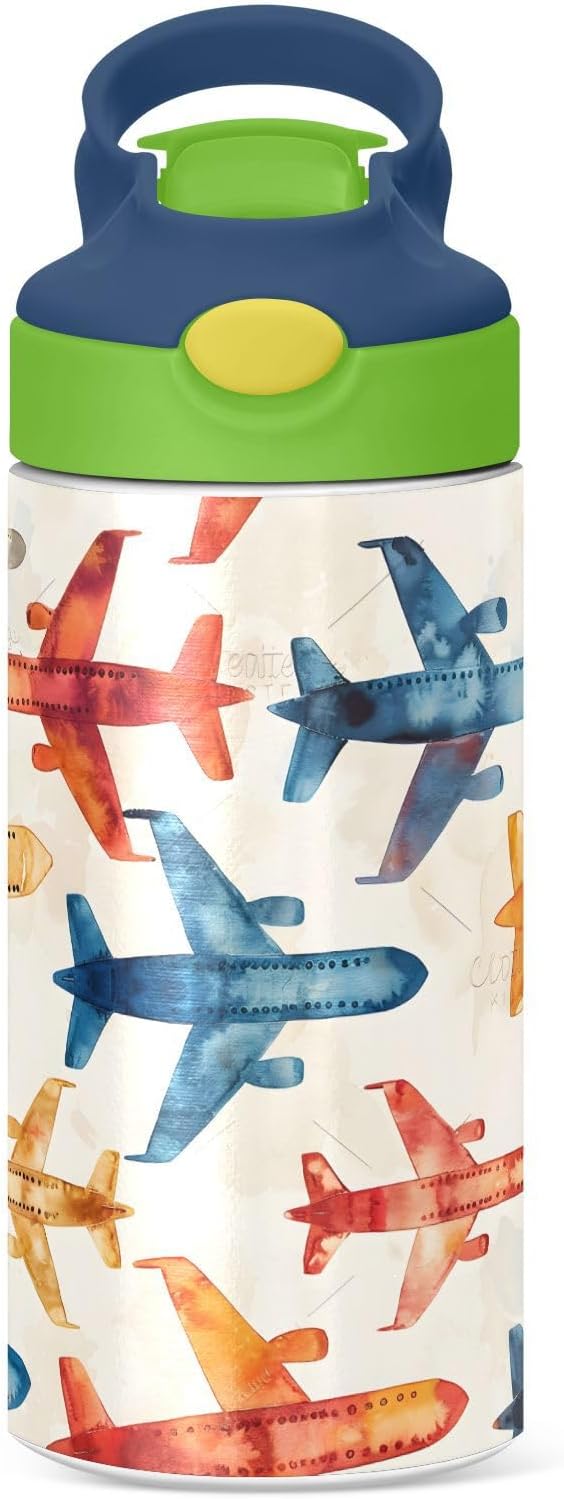 Rainbow Airplane Childish Doodle Kids Water Bottle with Straw Lid Insulated Tumbler with Handle Stainless Steel Reusable Toddlers Cup for Kids Boys 12 oz - Bloomnest