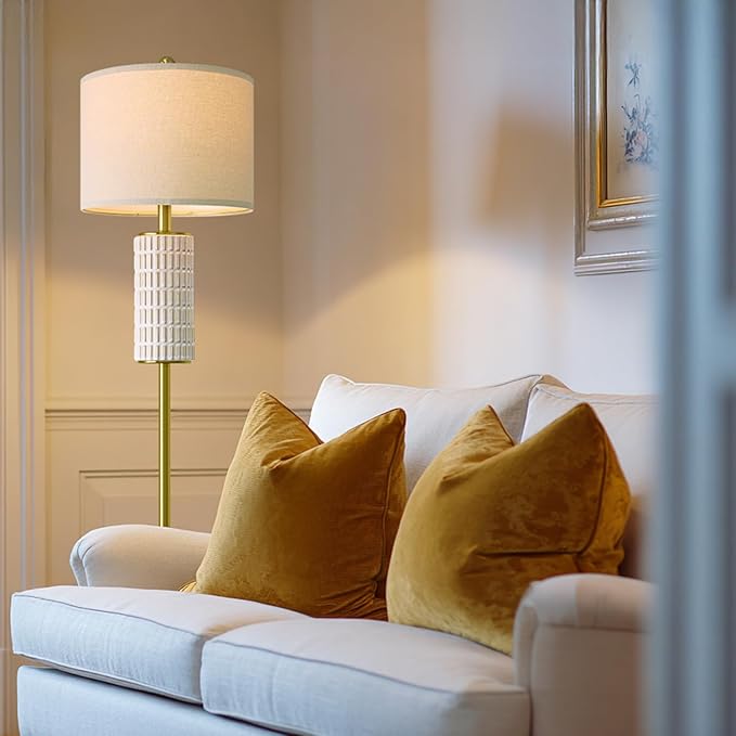 PoKat Ceramic Gold Floor Lamp with Remote, 64" Modern Floor Lamps for Living Room with Stepless Dimmable Colors Temperature, Tall Standing Lamp for Living Room Bedroom Reading, 9W Bulb Included - Bloomnest