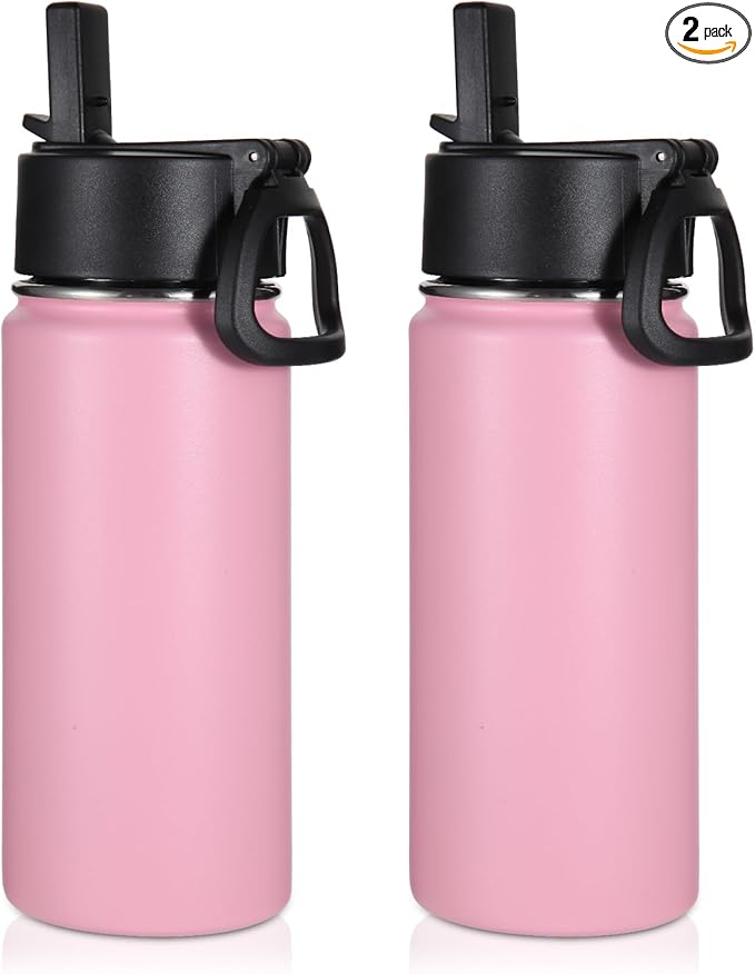 Volhoply 16 OZ Kids Water Bottle Bulk 2 Pack,Insulated Sports Bottles with Straw Lid,Stainless Steel Bottle with Handle Keep Cold & Hot,Double Wall Vacuum Tumbler Cups for School,Girls(Pink, 2) - Bloomnest