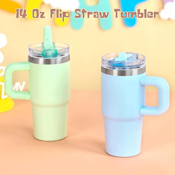 Cosictic 14 Oz Flip Straw Tumbler with Handle for Kids, Stainless Steel Double Wall Insulated Cup for Children with Flip Top Lid, 14 Oz Leak-proof Cups for Kids, Green - Bloomnest