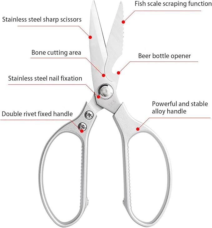 Kitchen Scissors All purpose, Have duty Stainless Steel Cooking Shears for Cutting Meat,Chicken, Poultry, Fish, Herbs, Seafood Scissors with Comfort Grip siver - Bloomnest