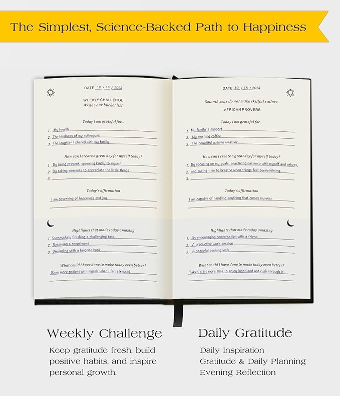 The Original Gratitude Journal with Inspiring Prompts & Quotes for Mindfulness, Reflection & Personal Growth - Daily Wellness Journal for Men & Women - Luxurious Linen Black Cover Bloomnest
