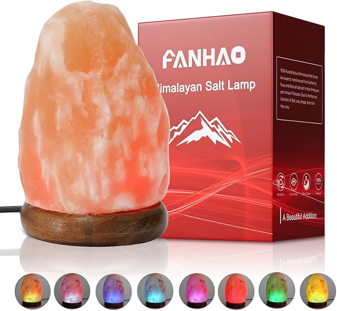 FANHAO USB Himalayan Salt Lamp with 8 Colors Changing, Natural Crystal Salt Rock Lamp Table Lamps for Gifts, Home Décor - Hand Carved, LED Bulb and Real Rubber Wood Base - Bloomnest