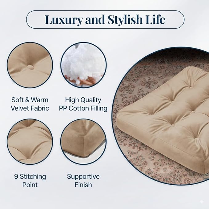 Velvet Floor Pillow Set of 2, Square Large Pillows seating for Adults, Beige Tufted Cushions for Meditation, Yoga, Tatami, Living Room, Chair, Machine-Washable & Dryer-Safe, Beige, 22x22 Inch - Bloomnest