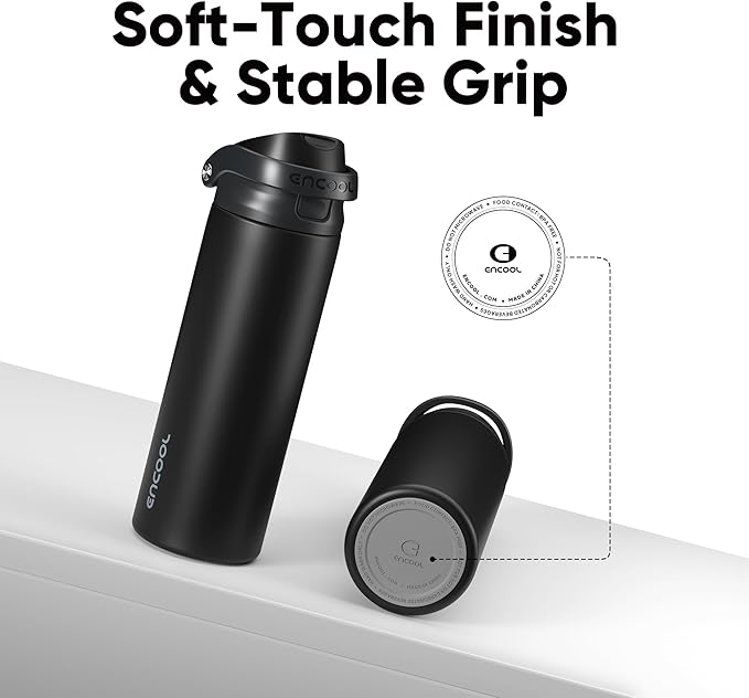 ENCOOL Leakproof Insulated Water Bottle with Straw Dual-Sip Water Bottle Bag-Safe Design for Work, Commute & Gym – Keeps Drinks Cold All Day, 32 oz, Jet Black ENCOOL