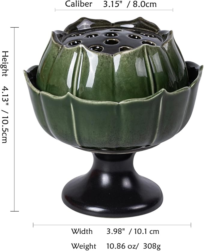 Ceramic Incense Holder with Lid,Lotus Incense Cone Holder for Coil Incense and Powder Incense,Mediation Gift,Home Decor (Deep Green) - Bloomnest