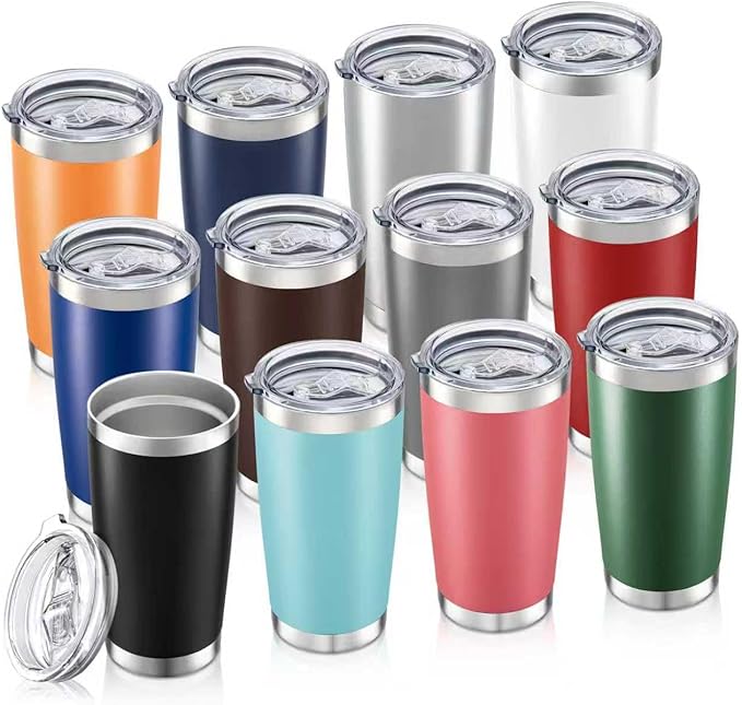 20 oz Tumbler Bulk with Lid Stainless Steel Insulated Tumblers Double Wall Vacuum Coffee Mug Powder Coated Tumbler Cups for Cold and Hot Drinks, Mix Color, 12 pack